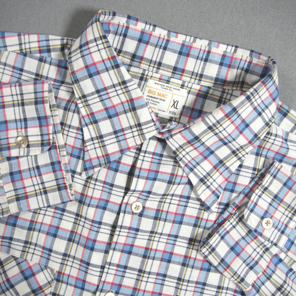 Vintage 80s Big Mac Plaid Permanent Press Men Shirt XL Workwear Retro Rodeo Moto